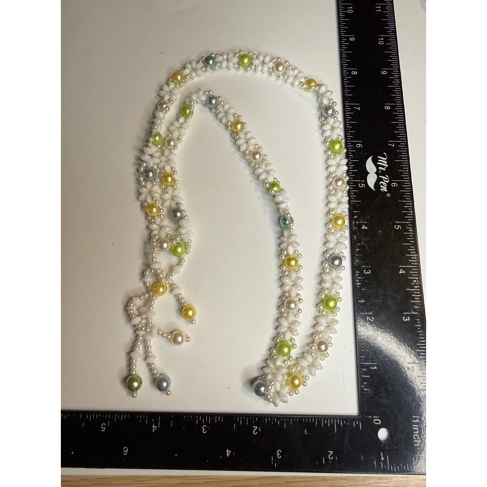 Hand Beaded Floral Milk Glass Faux Pearl Tassel Necklace White Green Yellow 22in